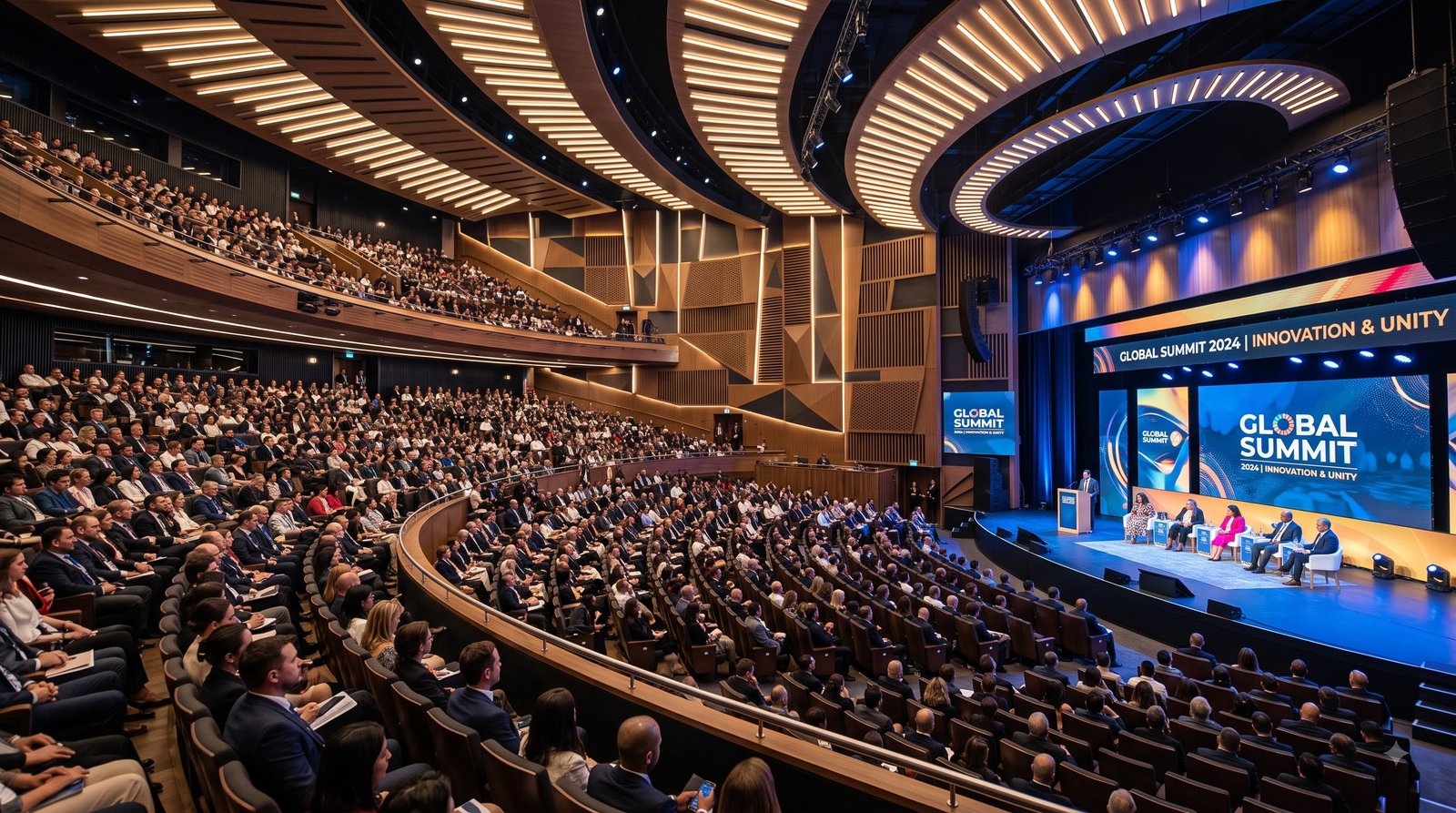 Speaker presenting to an attentive audience in a modern conference auditorium