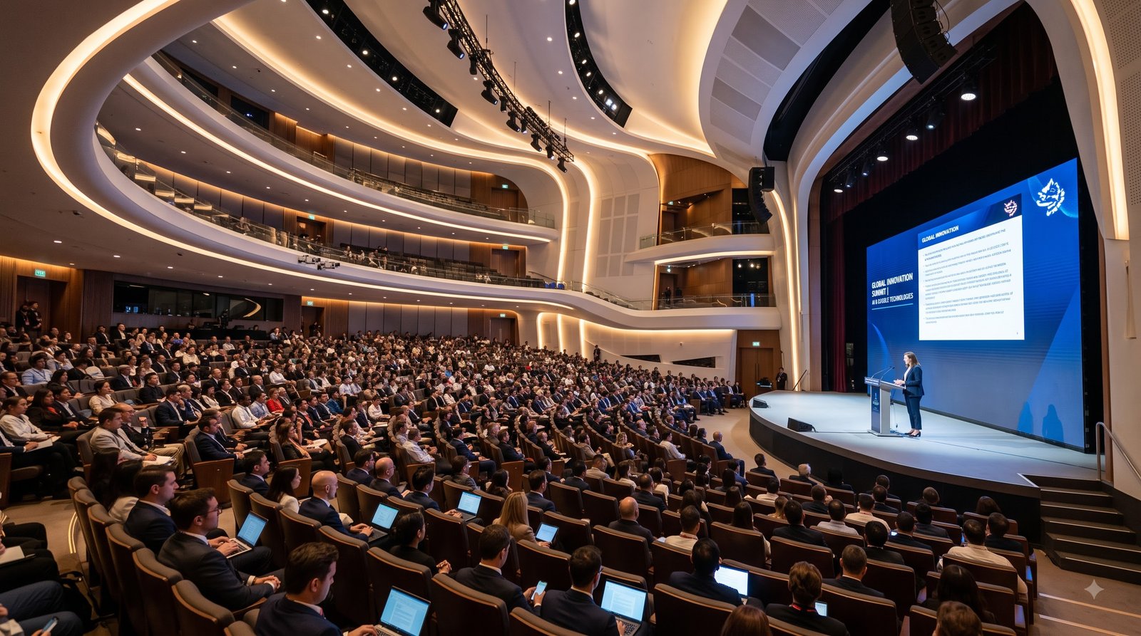 Audience watching a keynote presentation under dramatic stage lights at a tech summit