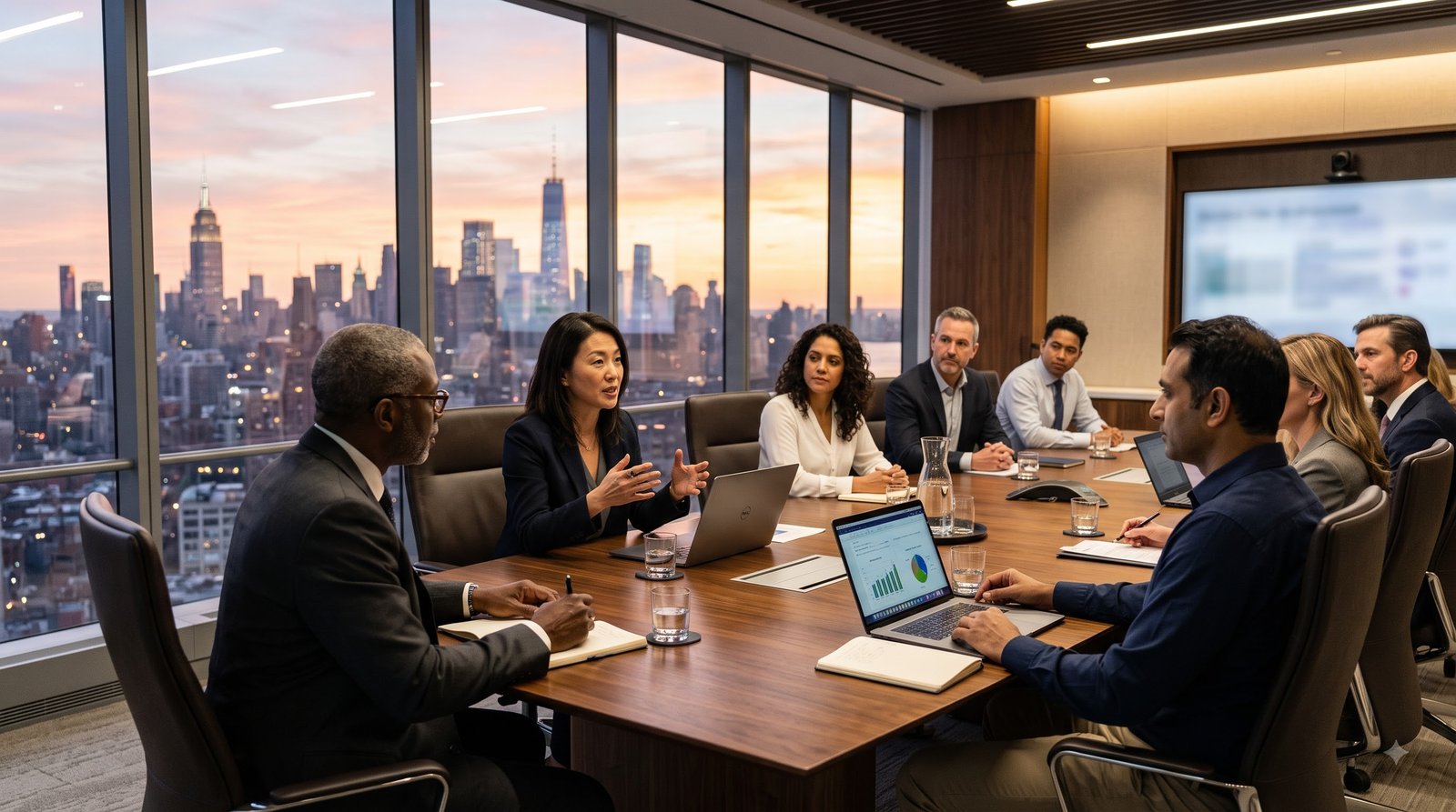 Business professionals shaking hands and networking at a corporate event